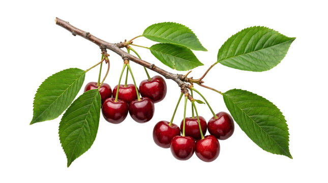 Vibrant cherries on a branch against a dark background