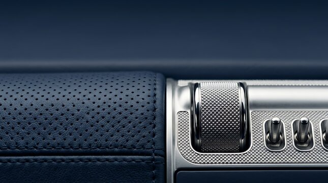 Extreme close-up of luxury car interior with blue perforated leather and elegant silver metallic controls