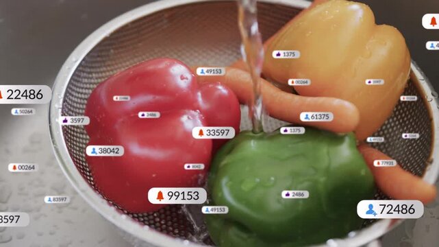 Tap water starting, peppers rinsing in colander for cleaning, hand steadying produce, labels rising