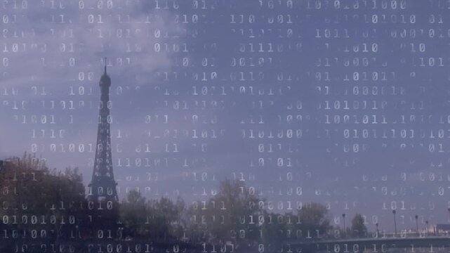 Binary overlay starting descent across Eiffel Tower, clouds drifting, forming layered hybrid look