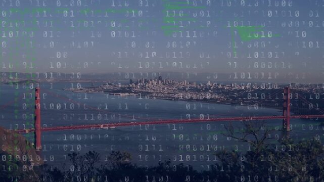 Data feed starting binary digits overlaying red suspension bridge and skyline shifting mapping data