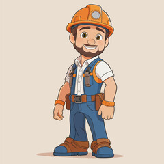 Fototapeta premium Cute Cartoon Construction Worker Character With Safety Helmet