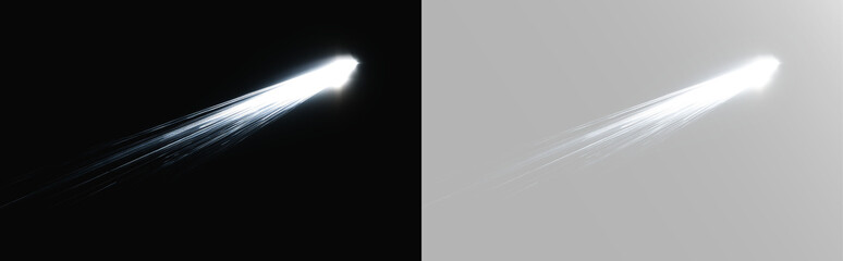 Glowing white shooting star, comet light trail, fast speed motion effect, abstract energy streak, minimal space concept with bright beam on gray © Alehandro