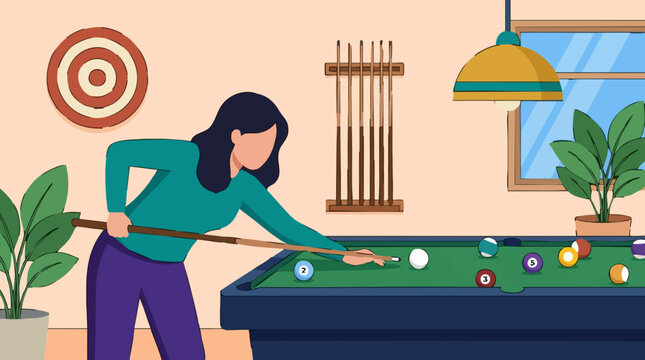Woman playing billiards with a cue stick on a pool table indoors