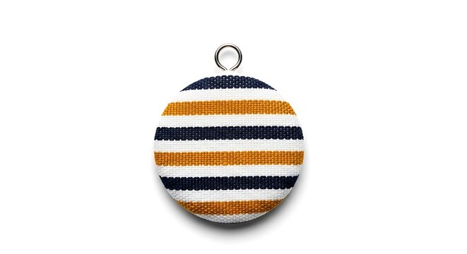 Round needlepoint ornament with navy blue and mustard yellow stripes