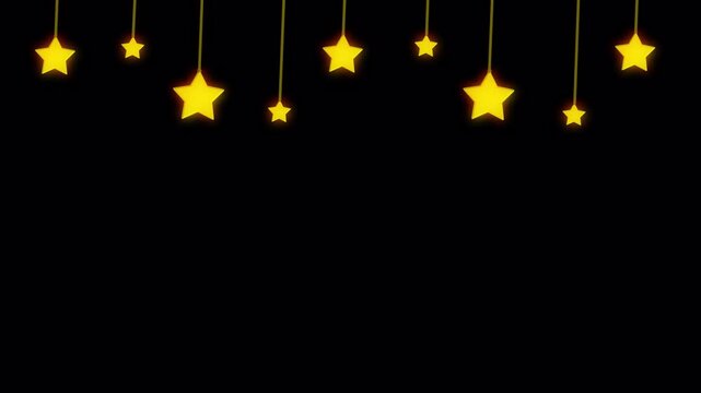 Glowing hanging stars animation swinging on transparent background, festive magic overlay with alpha channel.