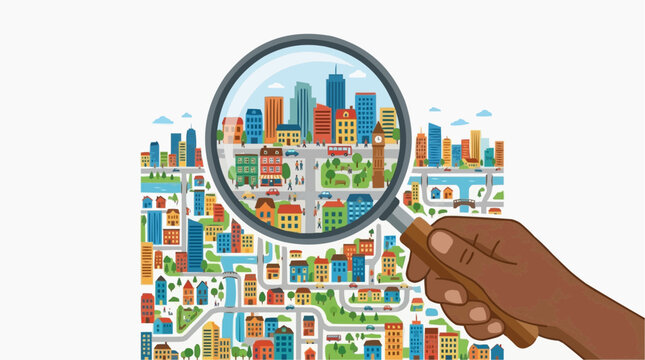 Exploring a cityscape with a magnifying glass, revealing details and a deeper perspective. Focus on observation and discovery.