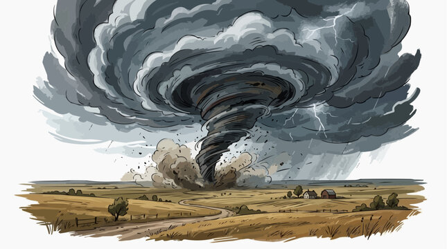 A massive tornado tears across a rural landscape, wreaking havoc in this dramatic illustration.