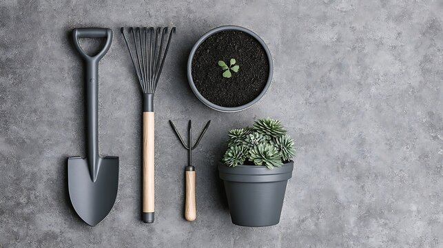 Gardening tools set with potted plants on concrete background