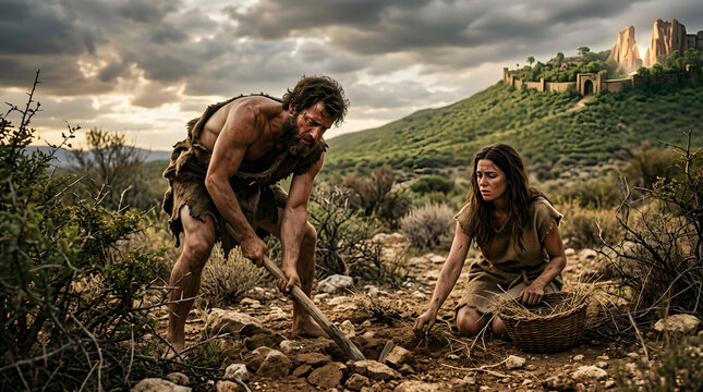 Adam and eve working the land outside the garden of eden, biblical scene of exile and hard labor
