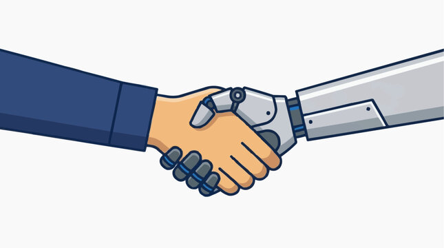 A human hand shaking the robotic hand, symbolizing a collaborative partnership, showcasing the fusion of artificial intelligence and human interaction.