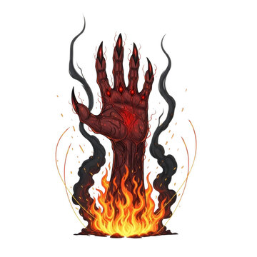 Demon hand emerging from hellfire isolated on a transparent background
