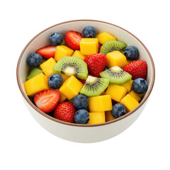 Obraz premium Fresh fruit salad in bowl mango kiwi strawberry blueberry isolated on transparent background