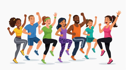Obraz premium A vibrant illustration showcases a diverse group of people enthusiastically engaged in a fitness class, embodying energy and well-being. The scene radiates vitality and the pursuit of health.