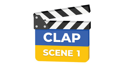 Naklejka premium Classic 3d rendered movie clapperboard icon with black and white stripes displaying the words clap and scene 1 on blue and yellow sections isolated on a clean white background