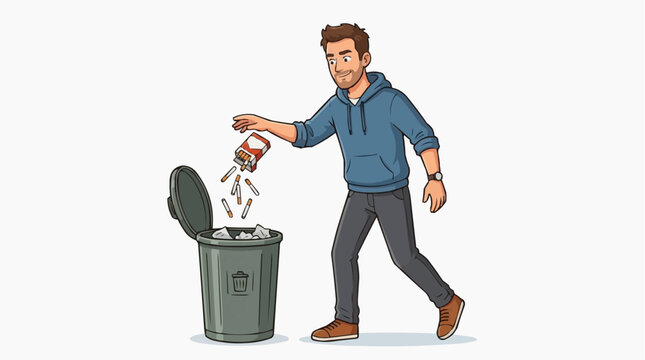 An illustration of a person properly disposes of cigarette butts in a trash can. A visual reminder of the importance of keeping our environment clean and promoting responsible behavior.
