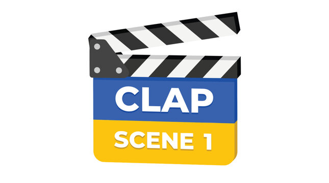 Classic 3d rendered movie clapperboard icon with black and white stripes displaying the words clap and scene 1 on blue and yellow sections isolated on a clean white background