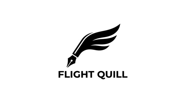 Elegant black and white logo design showcasing a stylized quill pen with wings, symbolizing creative expression, the journey of ideas, and the freedom of storytelling through writing