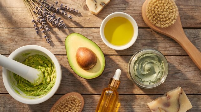 Natural avocado and lavender beauty products in a mortar with pestle, oil bottle, and skin scrub brush for organic skincare and wellness treatments on wooden background