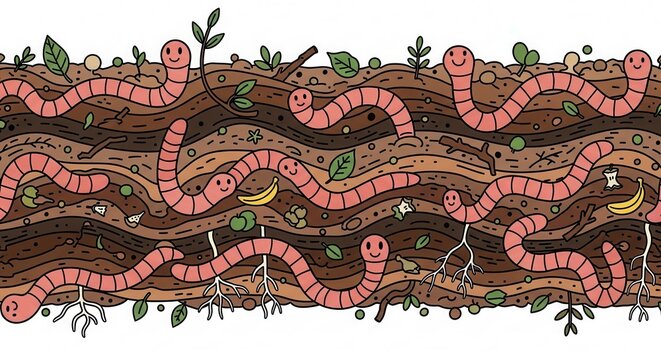 a cartoon illustration of pink worms on a log with green leaves and roots on a white background with