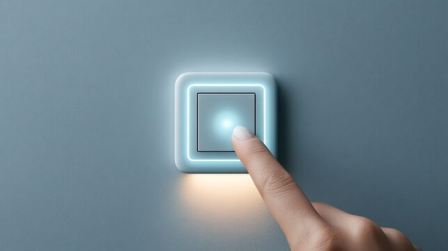 A hand pressing a glowing modern smart home light switch on a blue wall