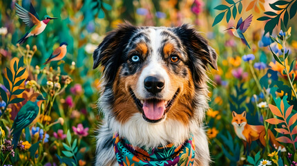 Fototapeta premium Australian shepherd dog portrait in stylized illustrated wildflower garden with hummingbirds and fox