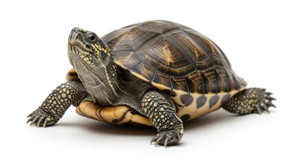Naklejka premium Detailed Brown Turtle Resting on Clean White Studio Background