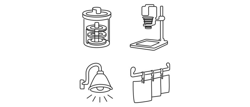 Analog Darkroom Photography Vector Icon Set with Film Developer Tank, Enlarger, Safelight, and Drying Rack. Collection of 4 Minimalist Line Icons for Photo Lab with Editable Stroke.