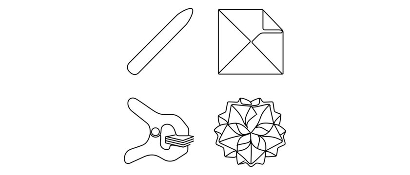Origami and Paper Crafting Vector Icon Set with 4 Icons Featuring Bone Folder, Square Paper, Assembly Clamp, and Kusudama Ball. Minimalist Thin Line Art with Editable Stroke for Creative Projects.