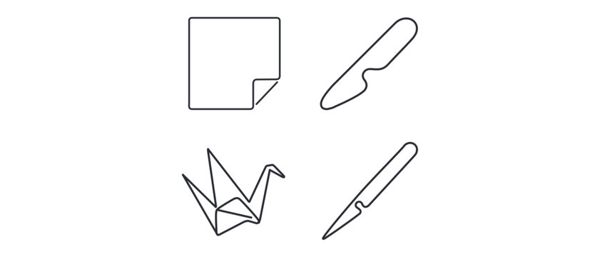 Origami Art and Paper Crafting Vector Icon Set with 4 Editable Stroke Icons; Includes Square Paper Sheet, Bone Folder Tool, Traditional Paper Crane, and Precision Scoring Knife for DIY Projects.