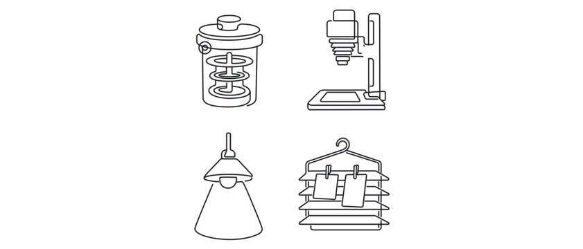 Darkroom Photography Equipment Vector Icon Set with Film Developing Tank, Enlarger, Safelight, and Print Drying Rack. Minimalist Single Line Art Collection with Editable Stroke Weight.