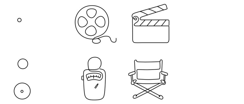 Retro movie production icons featuring a classic film reel, cinematic clapper board, analog exposure meter, and foldable director chair. Minimalist line vector set for vintage filmmaking.