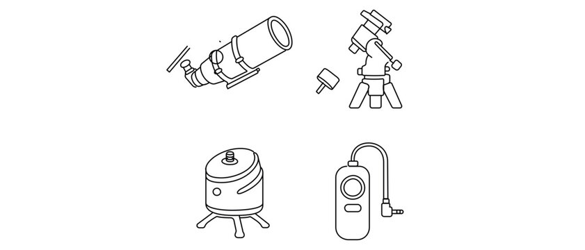 Astrophotography and Astronomy Equipment Vector Icon Set with 4 Icons: Telescope, Equatorial Mount, Star Tracker, and Remote Shutter Release. Editable Stroke Line Art for Pro Photography.