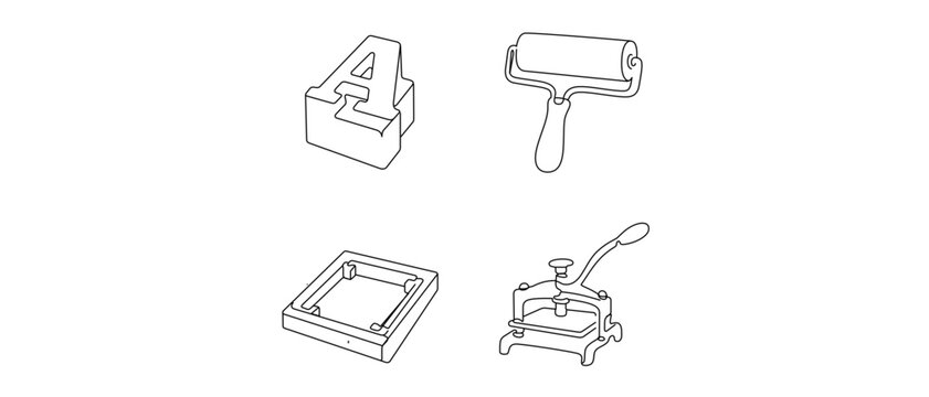 Letterpress Printing and Graphic Design Vector Icon Set with Editable Stroke. Collection of 4 Icons featuring Metal Type Letter A, Brayer Ink Roller, Chase Frame, and Vintage Hand Press Machine.