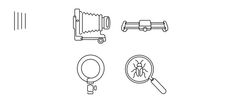 Macro Photography and Cinematography Equipment Vector Icon Set with Editable Stroke. Collection of 4 Icons featuring Camera Bellows, Slider Rail, Ring Light, and Magnified Insect for Close-up Work.