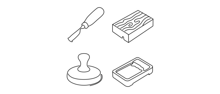Traditional printmaking equipment vector icon set; 4 linear icons featuring a carving gouge, wood block, baren tool, and ink tray for manual relief art with customizable strokes.