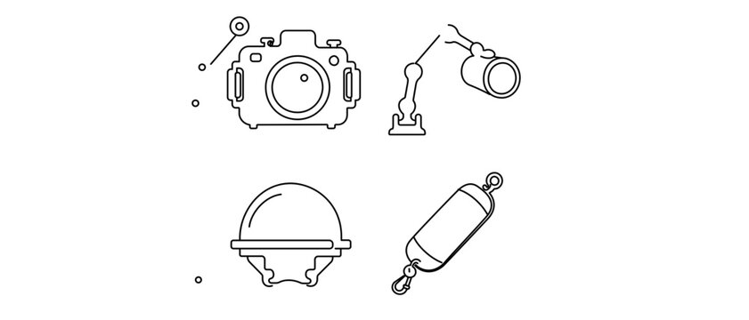 Underwater Photography and Cinema Equipment Editable Stroke Vector Icon Set Featuring Camera Housing, Strobe Lighting Arm, Dome Port, and Buoyancy Float for Professional Scuba Diving Shoots.