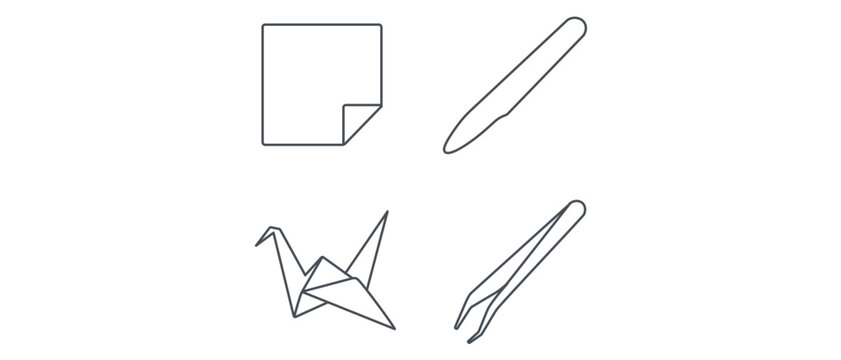 Origami and Paper Folding Vector Icon Set featuring 4 minimalist line icons: square paper, bone folder tool, paper crane, and fine tweezers for precision crafting, art, and DIY hobby projects.