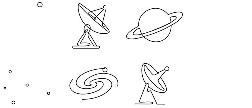 Space Science and Astrophysics Research Vector Icon Set of 4 Icons featuring Radio Telescope, Ringed Planet, Spiral Galaxy, and Satellite Dish. Minimalist Line Art with Editable Stroke Design.