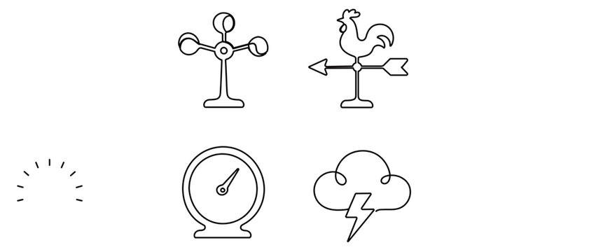 Meteorology Station Vector Icon Set with 4 Editable Stroke Icons: Anemometer, Rooster Weather Vane, Barometer Gauge, and Storm Cloud with Lightning. Minimalist Thin Line Science Collection.