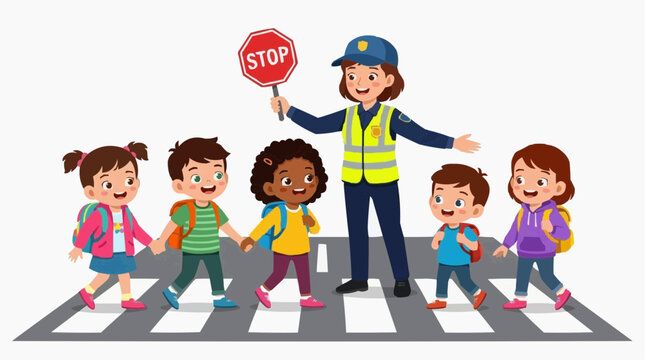 A compassionate crossing guard ensures children's safe journey across the crosswalk, a heartening symbol of safety and community support.
