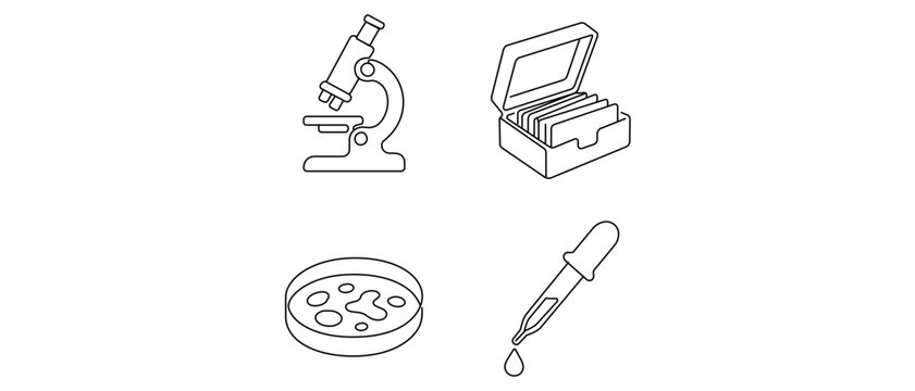 Science and Laboratory Vector Icon Set, Collection of 4 Icons including Microscope, Slide Box, Petri Dish, and Pipette. Minimalist Line Art with Editable Stroke for Customizable Line Weight.