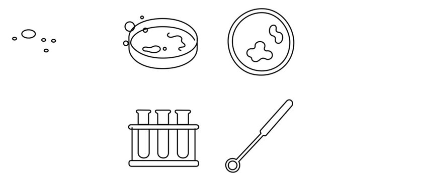 Microbiology Lab Vector Icon Set with Editable Stroke. Collection of 4 Line Icons Featuring Petri Dish, Agar Plate, Test Tube Rack, and Inoculation Loop for Science, Research, and Medical Design.