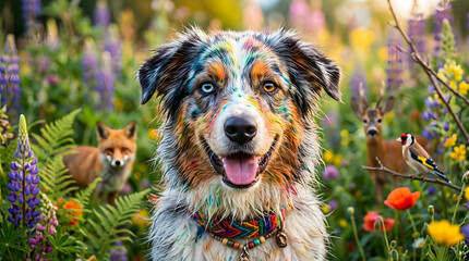 Fototapeta premium Happy australian shepherd dog with colorful paint on fur in wildflower meadow with fox, deer, and bird