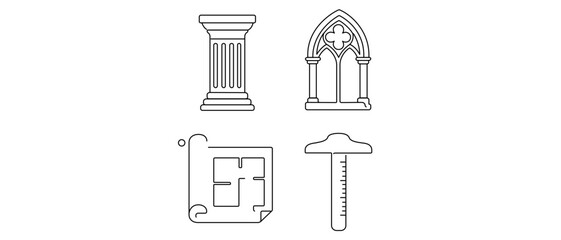 Naklejka premium Classical Architecture and History Editable Stroke Vector Icon Set. Collection of 4 Icons featuring a Doric Column, Gothic Arch, Blueprint, and T-Square for Archaeology and Design Projects.