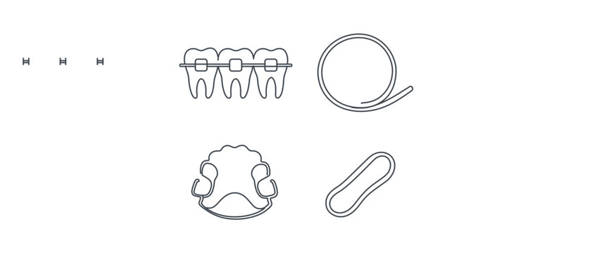 Orthodontic Treatment Vector Icon Set Collection of 4 Icons Featuring Dental Brackets on Teeth, Archwire, Orthodontic Retainer, and Elastic Band for Medical Specialties and Dental Care Design.