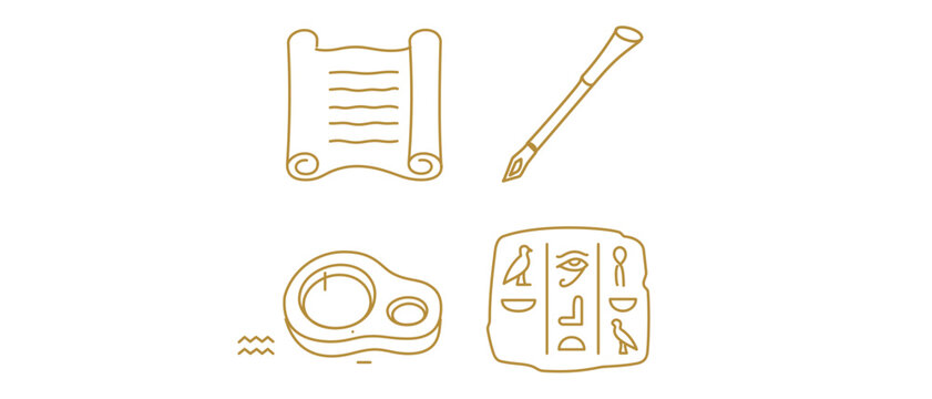 Ancient Egyptian Scribe Tools Vector Icon Set with Editable Stroke. Collection of 4 Icons Featuring Papyrus Scroll, Reed Pen, Ink Palette, and Hieroglyphic Tablet for History and Archaeology.
