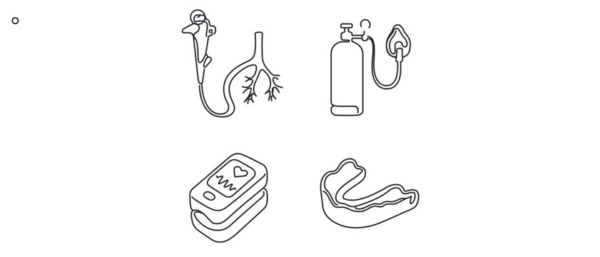 Pulmonology and Respiratory Care Editable Stroke Vector Icon Set: Collection of 4 Icons featuring Bronchoscope, Oxygen Tank with Mask, Pulse Oximeter, and Medical Mouth Guard for Sleep Apnea.