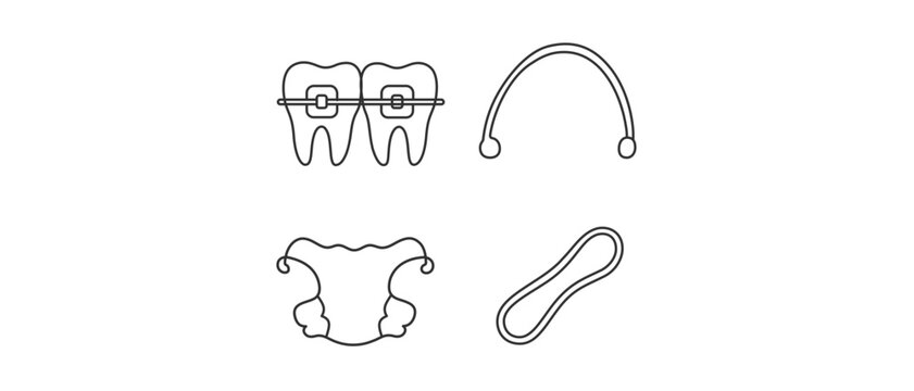 Medical Specialties Editable Stroke Vector Icon Set of 4: Orthodontic Teeth Braces, ENT Head Mirror, Nasal Speculum, and Tuning Fork. Minimalist Line Art for Healthcare and Clinical Design.