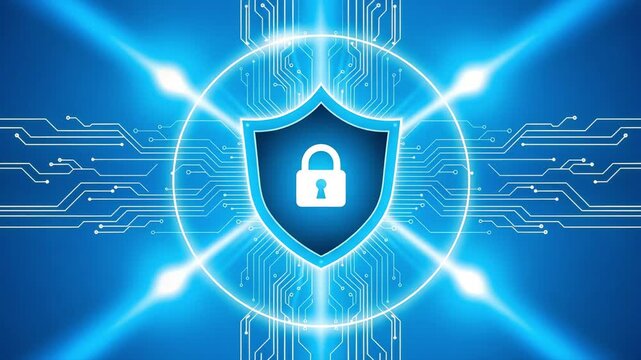 Cybersecurity data protection shield animation with digital lock icon secure network encryption background video